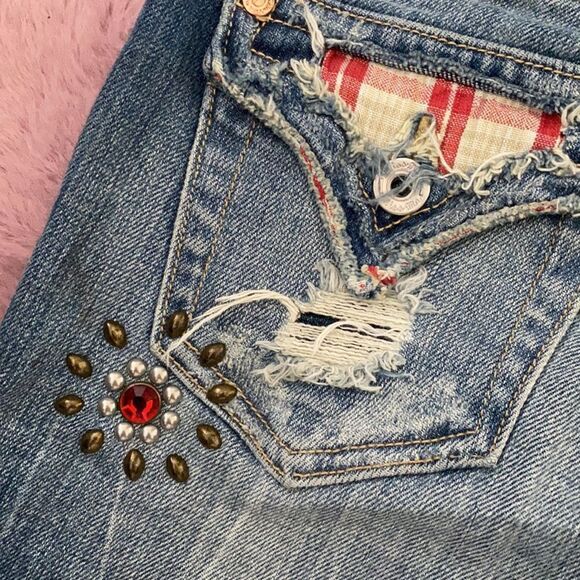 Miss Me Embellished Blue Denim Distressed Print Design Shorts Boho - Picture 5 of 14